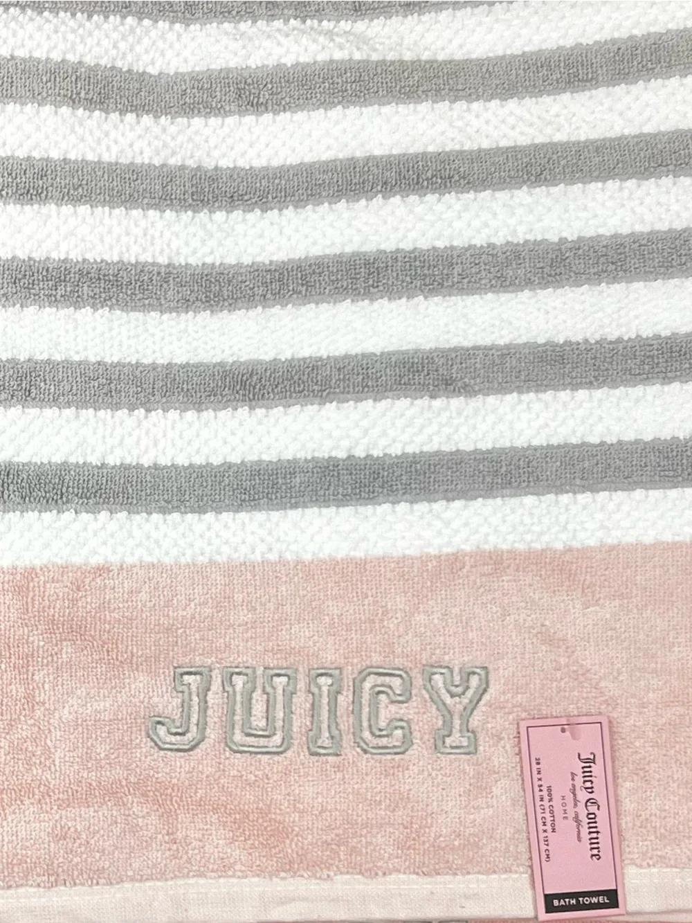 Juicy Couture - ‘Pink & Gray stripes’ Bath towel set. NWT. Firm!